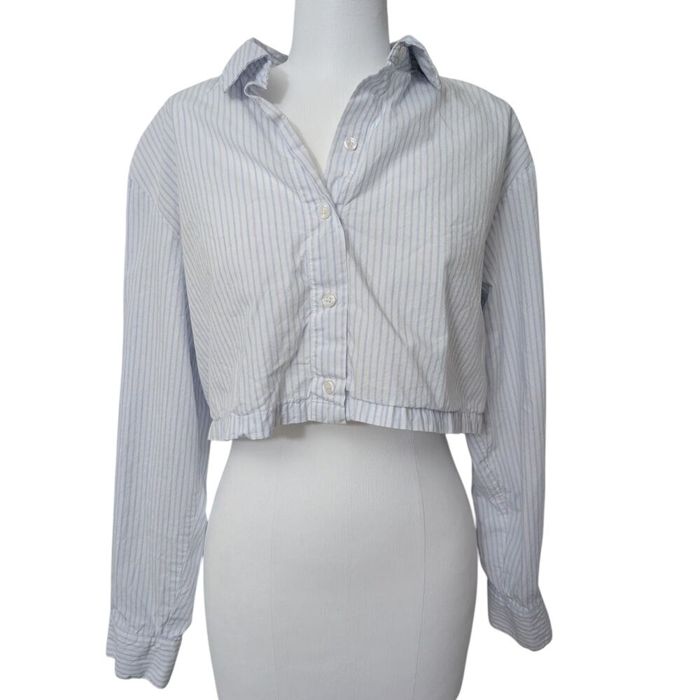 h&m divided women's cropped button down striped shirt size small